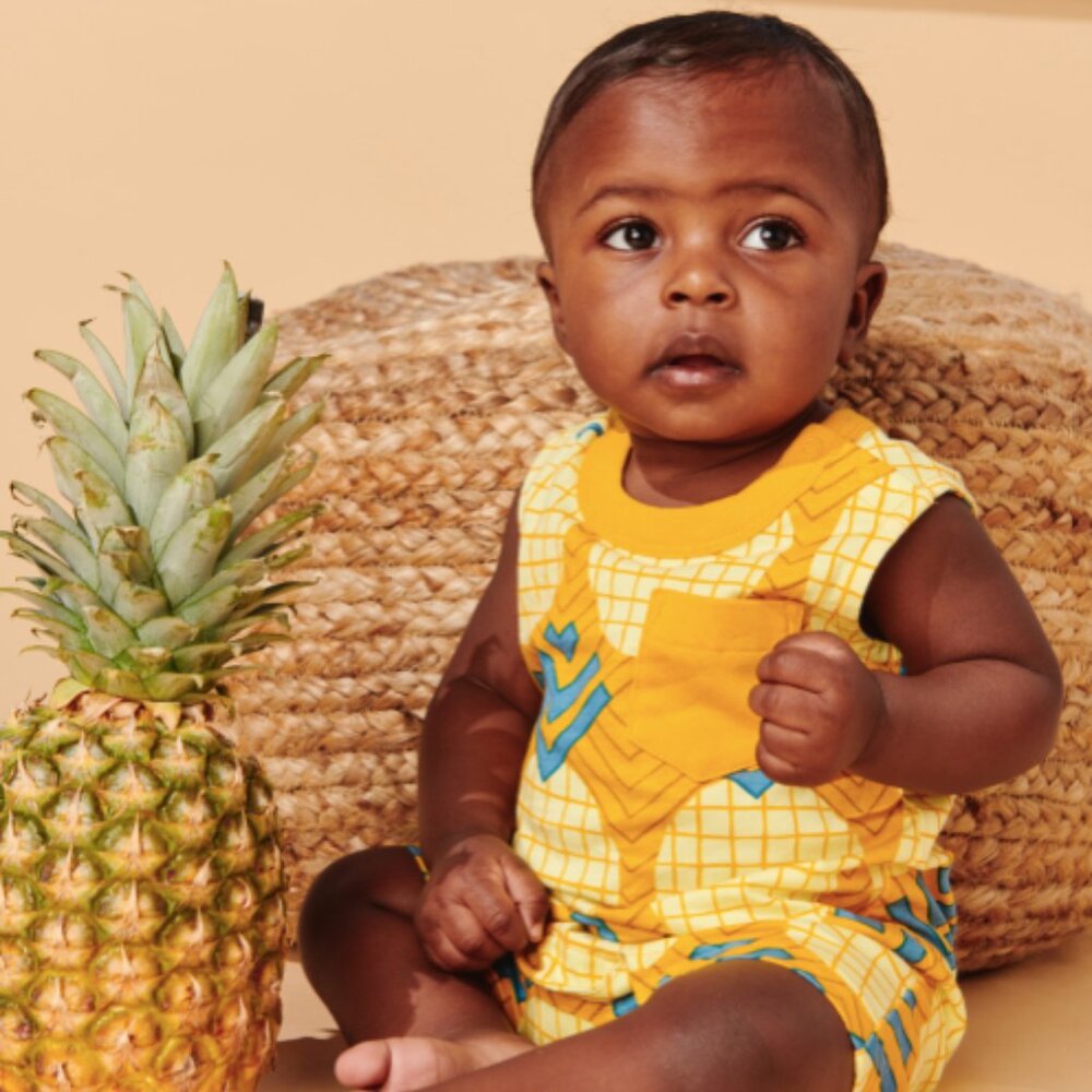 Tea Collection Pocket Tank Baby Romper, Wax Print Pineapple in Gold